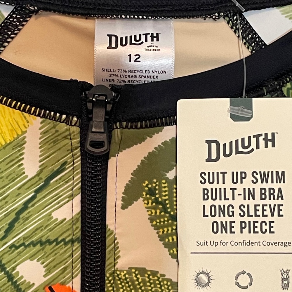 Duluth Trading Co Suit Up Swim Long Sleeve One Piece Tropical Toucan 12 NEW - Picture 4 of 6